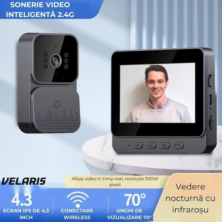 Sonerie video wireless cu monitor 4.3 inch IPS, fără WiFi, night vision IR, card SD