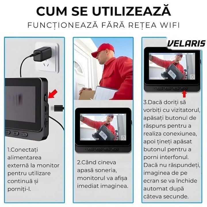 Sonerie video wireless cu monitor 4.3 inch IPS, fără WiFi, night vision IR, card SD