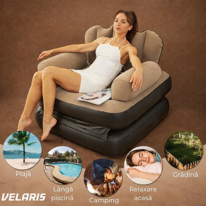 Fotoliu gonflabil 2 în 1 XL, design ergonomic, 100x88x90 cm, interior/exterior, maro