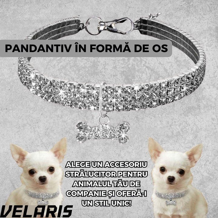 Zgarda pentru caini de talie mica cu cristale stralucitoare, design elegant, ajustabila, argintiu