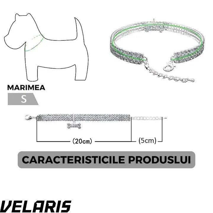 Zgarda pentru caini de talie mica cu cristale stralucitoare, design elegant, ajustabila, argintiu