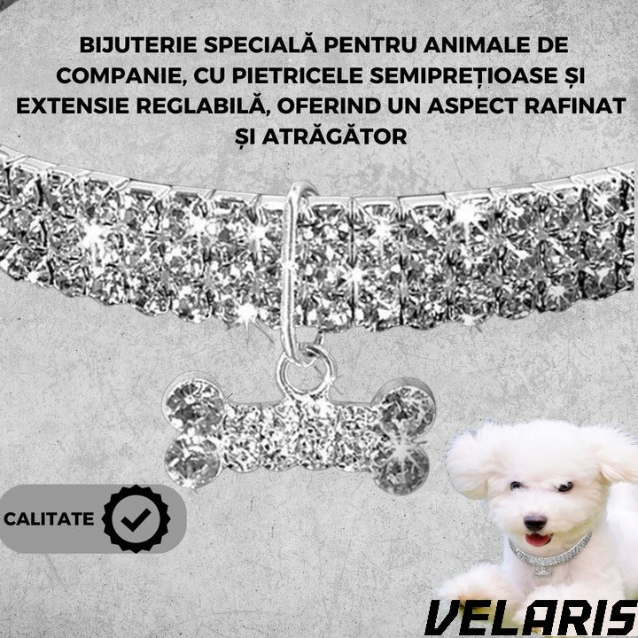 Zgarda pentru caini de talie mica cu cristale stralucitoare, design elegant, ajustabila, argintiu