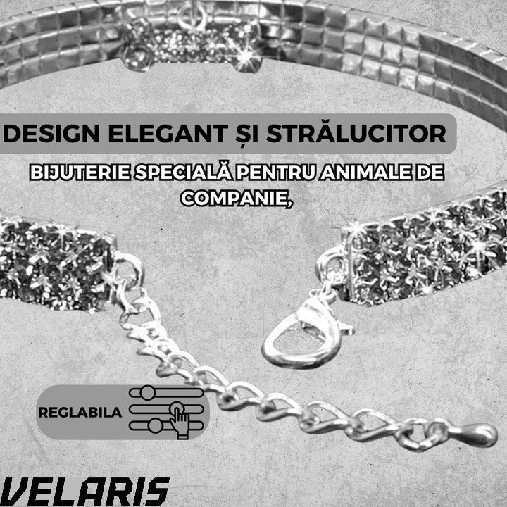 Zgarda pentru caini de talie mica cu cristale stralucitoare, design elegant, ajustabila, argintiu